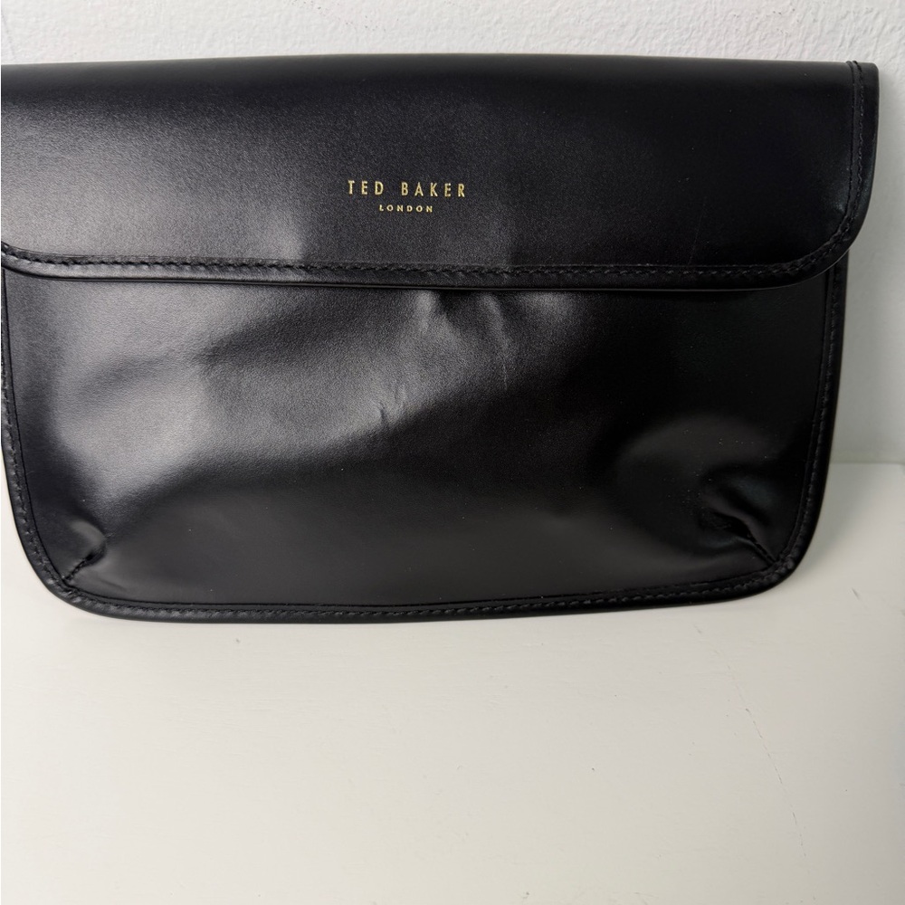 Ted Baker London Black Leather Clutch Pouch Large Envelope Snap Closure